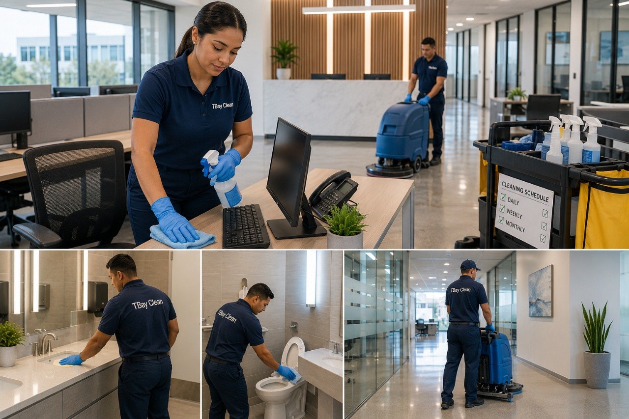 Commercial cleaning team preparing an office space